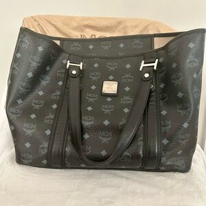 MCM Black Monogram Tote Bag with Silver Hardware